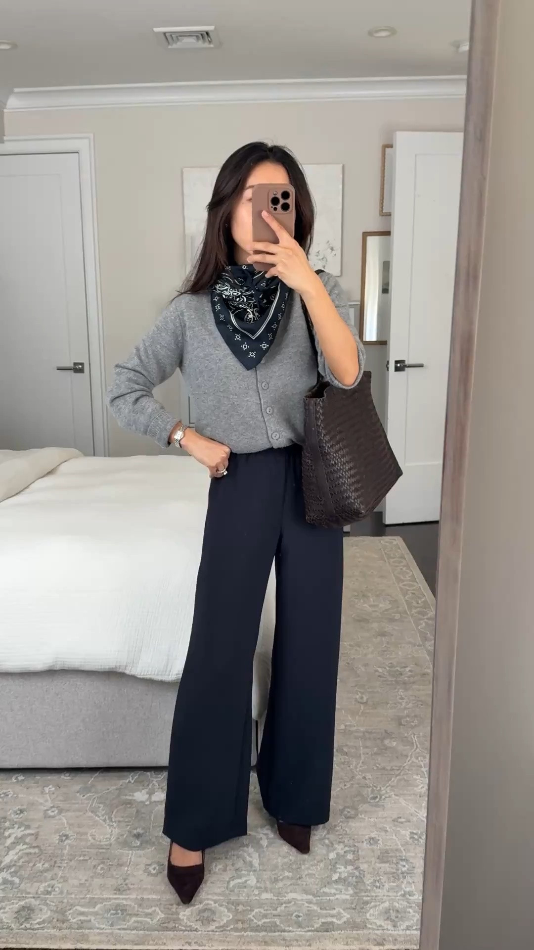Best value cashmere cardigan! 
• Aritzia lodge trousers 2XS short runs a little long. Drapey fluid fabric, stretch waist, wrinkle resistant
• Quince Mongolian Cashmere Cropped Cardigan xs, fits petites better than their standard cardigan, shorter in length and has a boxier cut. 
• Everlane box cut tee xs (sized up)
• Madewell Medium Silk Bandana 
• Sam Edelman kitten heels 5.5
• Madewell woven tote

Easy petite fall workwear outfit, office style ideas, elevated closet staple pieces

#LTKPetite #LTKWorkwear #LTKootd