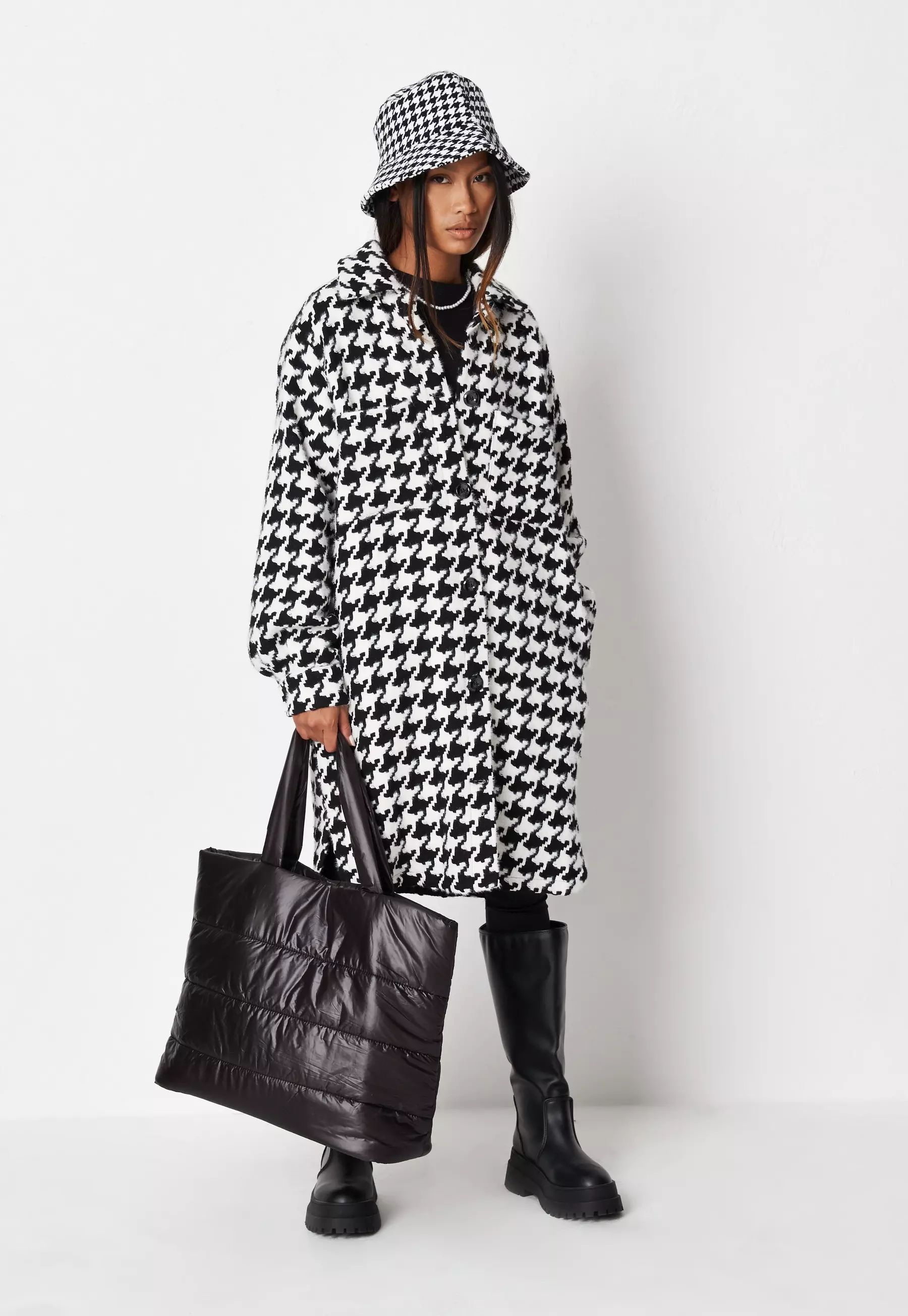 Black Houndstooth Longline Shacket | Missguided (UK & IE)