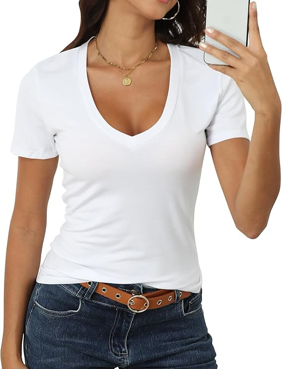 Roselux Women Short Sleeve Deep V Neck Tops Shirts Fitted Cotton Summer Tshirt Tee | Amazon (US)