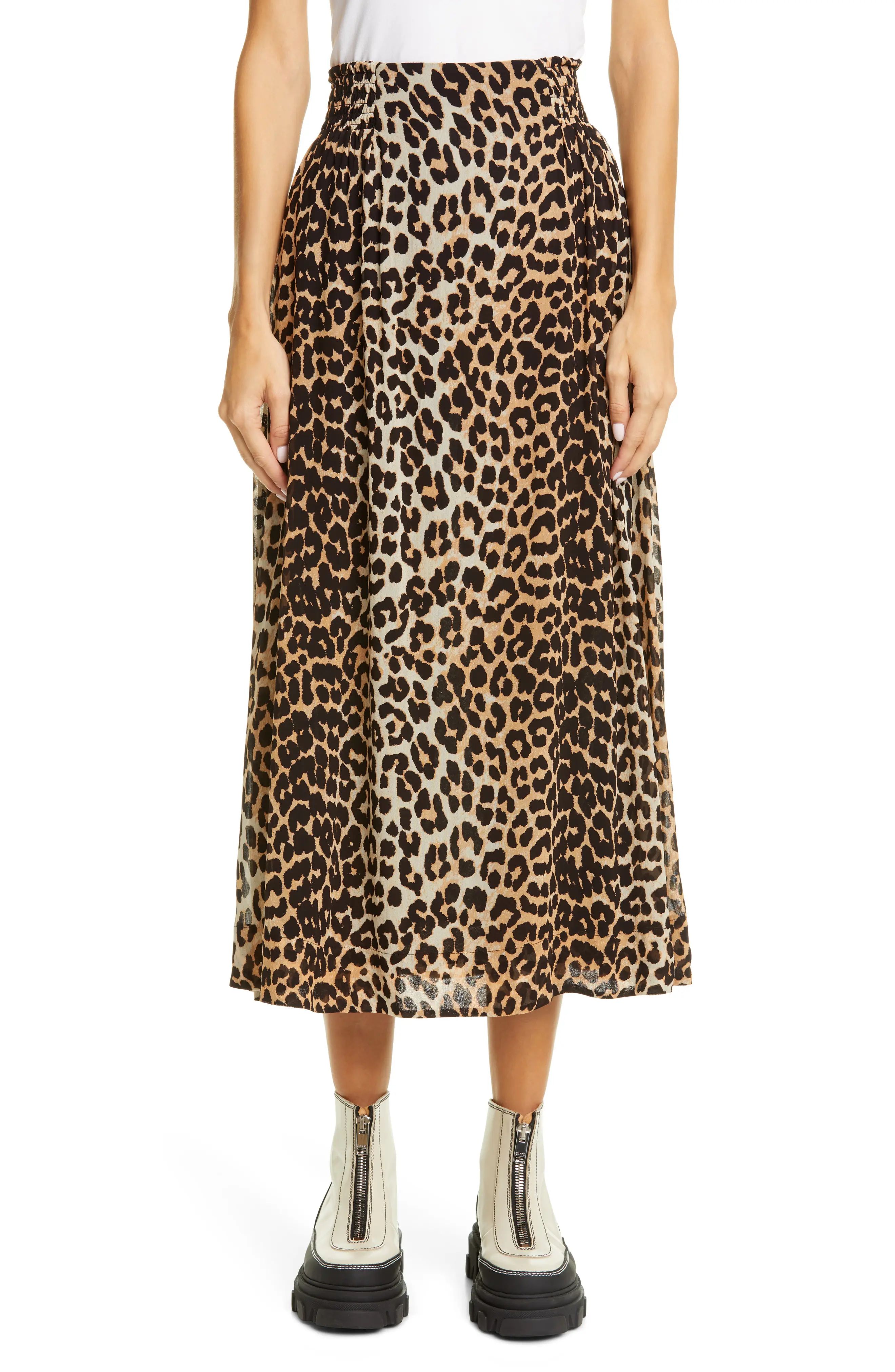 Women's Ganni Leopard Print Georgette Midi Skirt, Size 12 US - Brown | Nordstrom