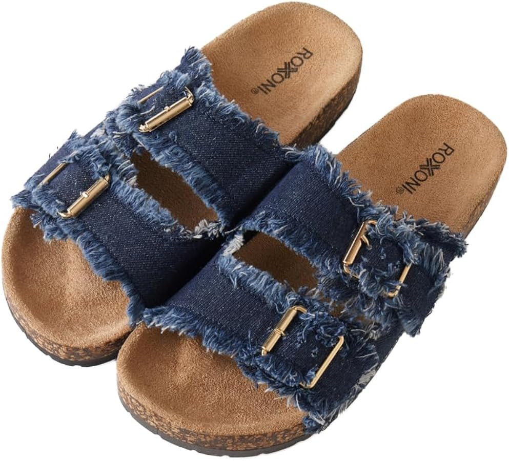 Roxoni Women's Comfort Flat Sandals Double Buckle Adjustable Straps Flat Slides Footbed Suede | Amazon (US)