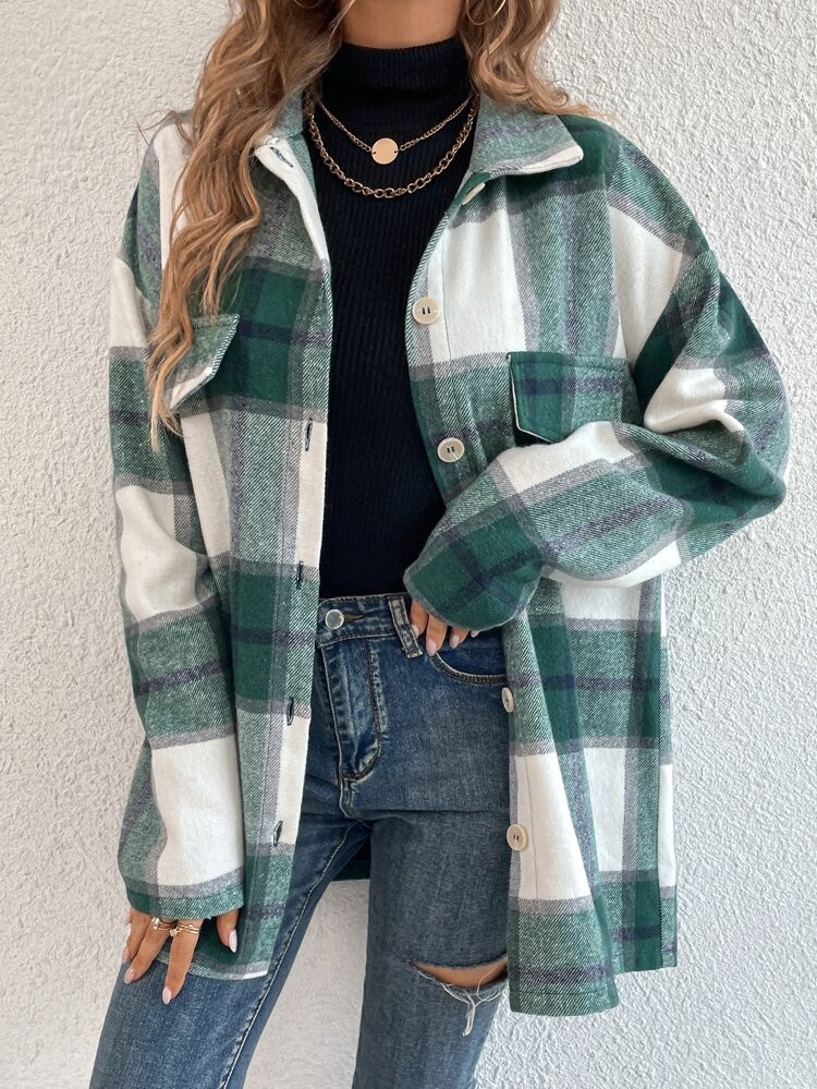 Plaid Print Drop Shoulder Flap Detail Coat | SHEIN