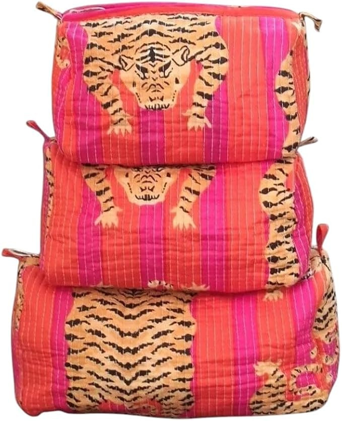 Set of 3 Pieces Block Print Designer Toiletry Bag & Makeup Case - Boho Floral Quilted Pouch for C... | Amazon (US)