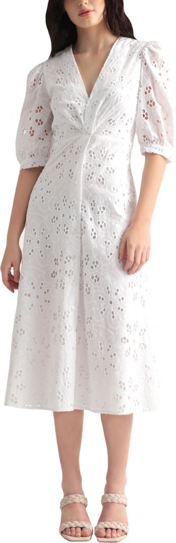 Puff Sleeve Cotton Eyelet Midi Dress | Nordstrom