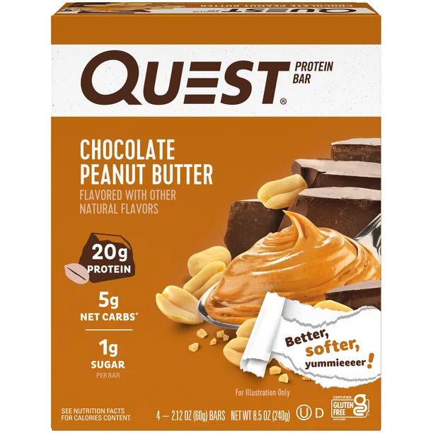 Quest Protein Bar, Gluten Free, Low Carb Chocolate Peanut Butter, 20g Protein, 4 Count - Walmart.... | Walmart (US)