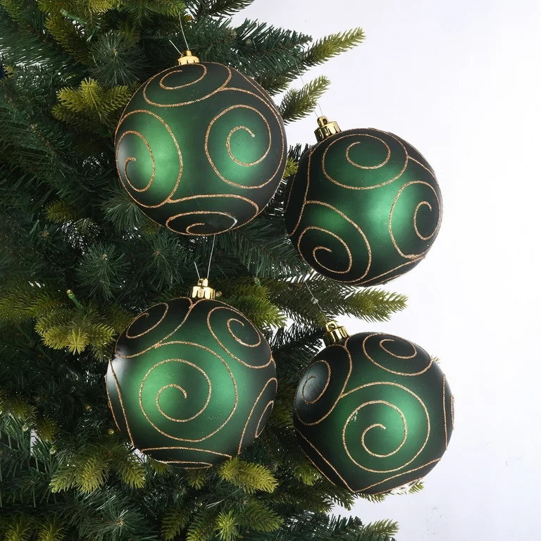 4-Count Green with Gold Glitter Swirl Shatterproof Christmas Ornaments, 5.9 in, by Holiday Time | Walmart (US)