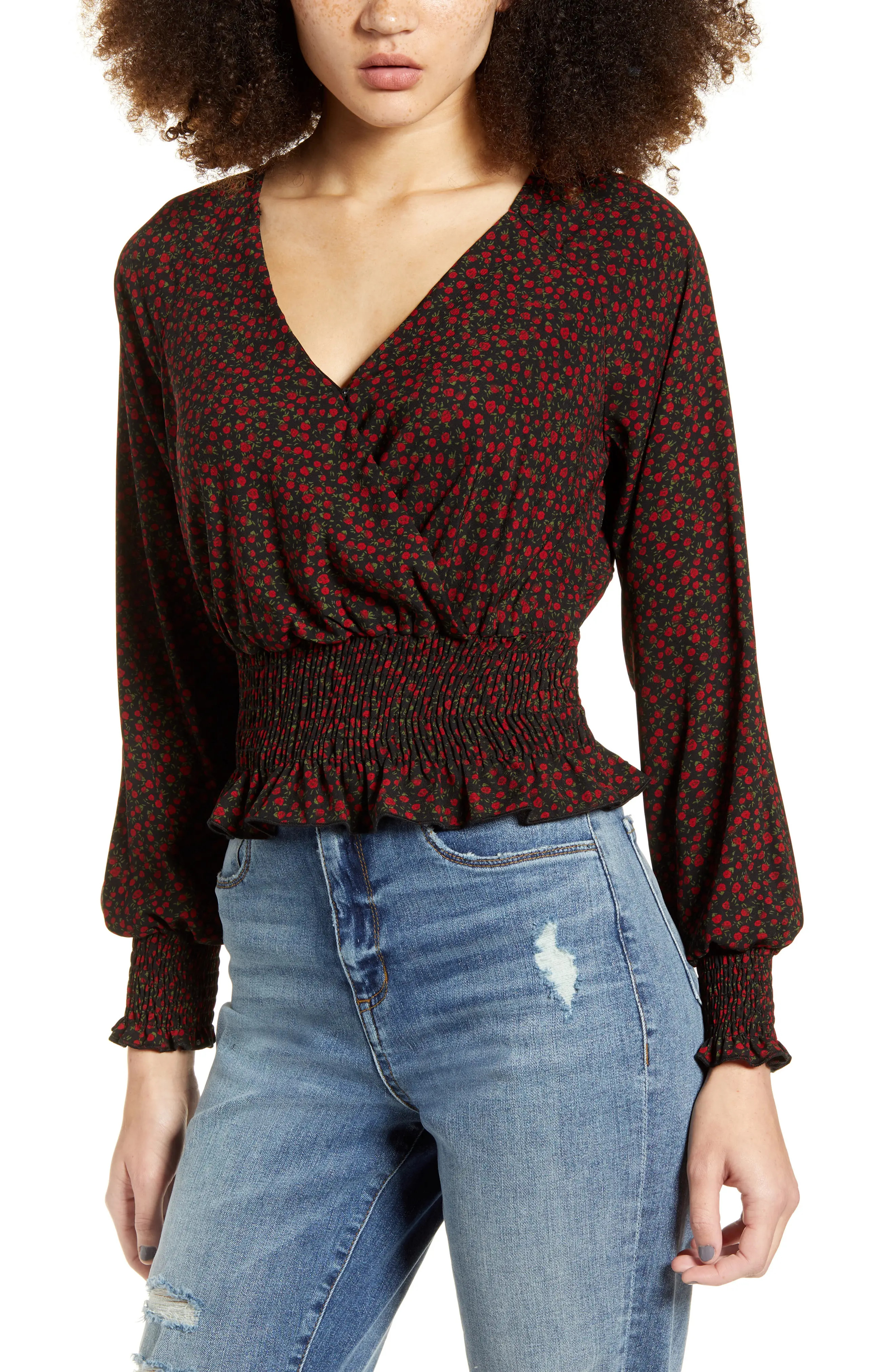 Women's Bp. Smocked Surplice Top, Size Small - Red | Nordstrom