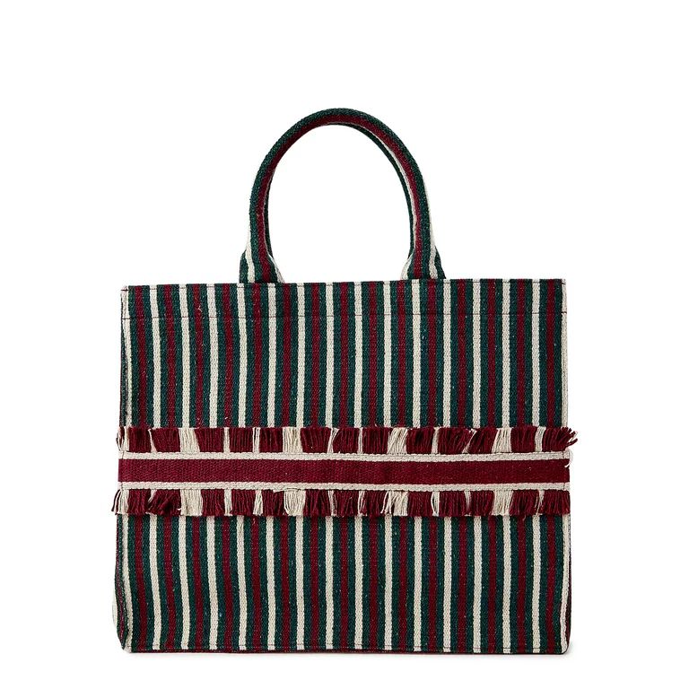Time and Tru Women's Large Woven Tote Bag Green Burgundy | Walmart (US)