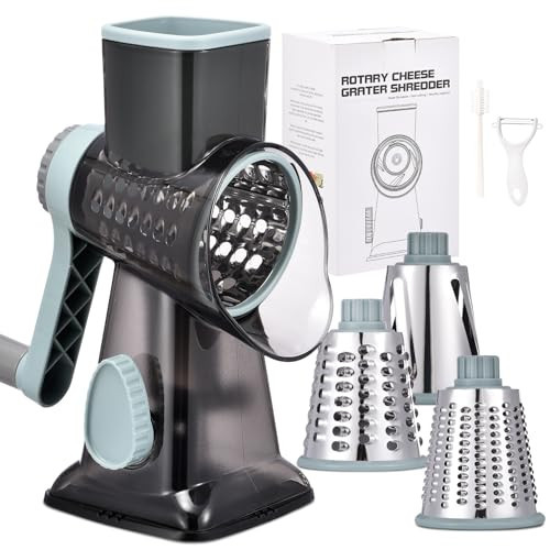 Rotary Cheese Grater with Handle Kitchen Shredder Slicer Grater Slicer Ice Shaver Cheese Vegetable Nuts Potato Zucchini Chocolate 3 Interchangeable Blades (GreyBlue | Amazon (US)