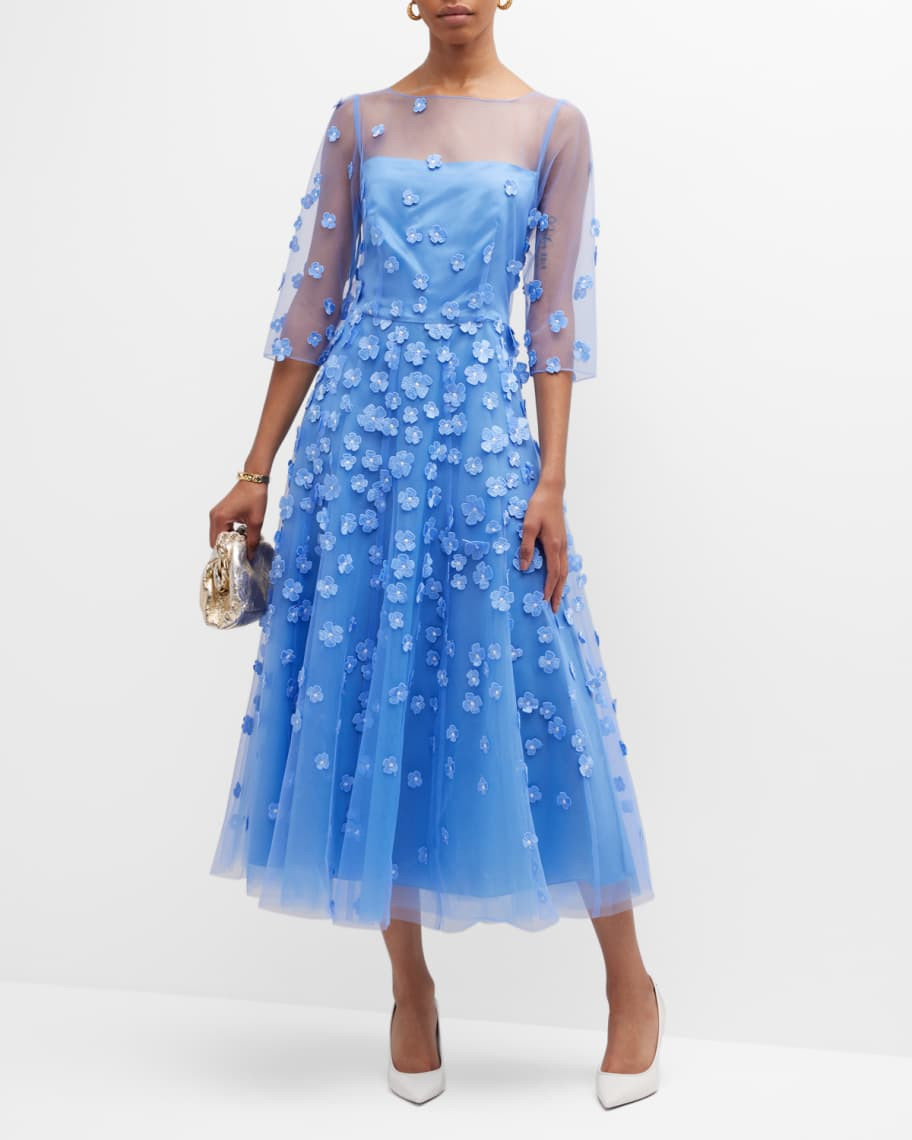 Maison Common Tulle Midi Dress w/ Petal Applique Details | Neiman Marcus