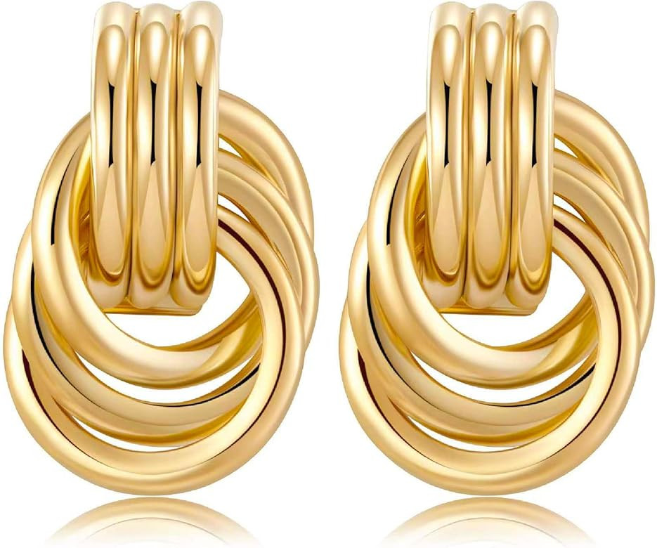 Gold-Plated Chunky Gold Earrings for Women Knot Link Circle Statement Drop Dangle Earrings Studs ... | Amazon (US)