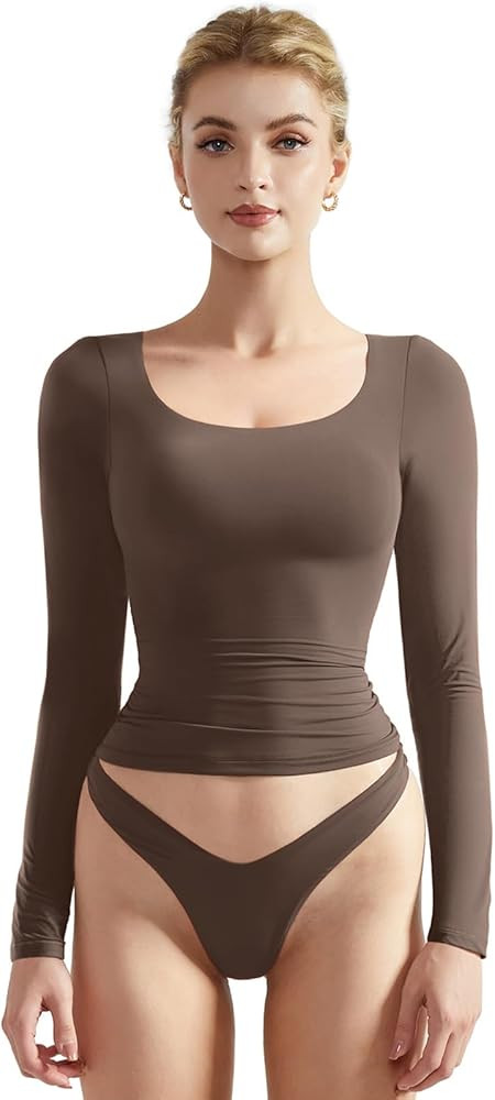 SUUKSESS Women Double Lined Fitted Basic T Shirts Scoop Neck Long Sleeve Crop Top | Amazon (US)