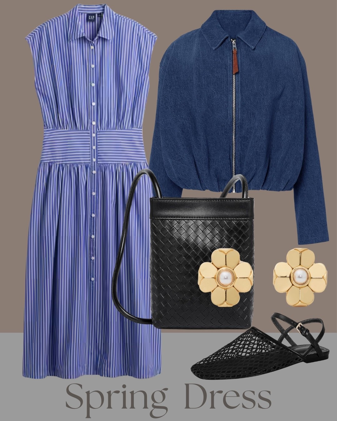 Striped spring midi dress with a lightweight denim jacket for easy layering on cooler mornings. The cinched waist detail keeps it flattering, and the black woven slingbacks, structured bucket bag with gold flower detail, and bold floral studs pull it together without overthinking it.

#springdress #midi dress #denimjacket #classicstyle #ltkfashion

#LTKOver40 #LTKootd