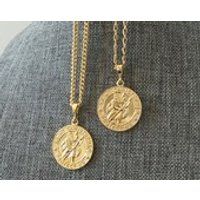 Coin Necklace, Saint Christopher Gold Medallion Pendant, Thick Gold Curb Chain, Patron Saint of Travelers, Religious Jewelry for Men, Women | Etsy (US)