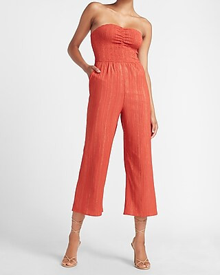 Metallic Strapless Smocked Bodice Culotte Jumpsuit | Express