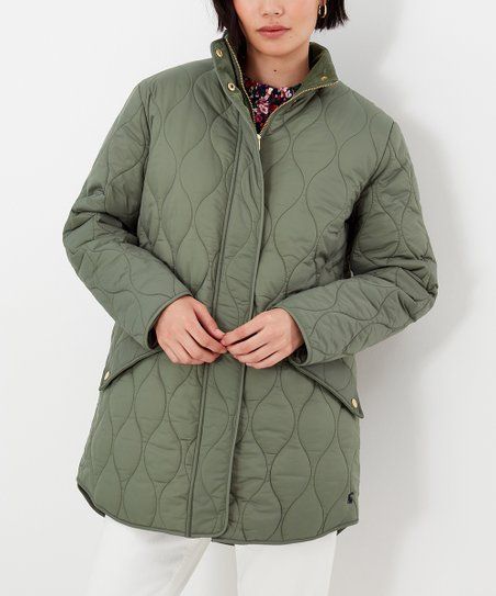 Joules Soft Khaki Green Rosedale Mid Length Quilted Coat - Women | Zulily