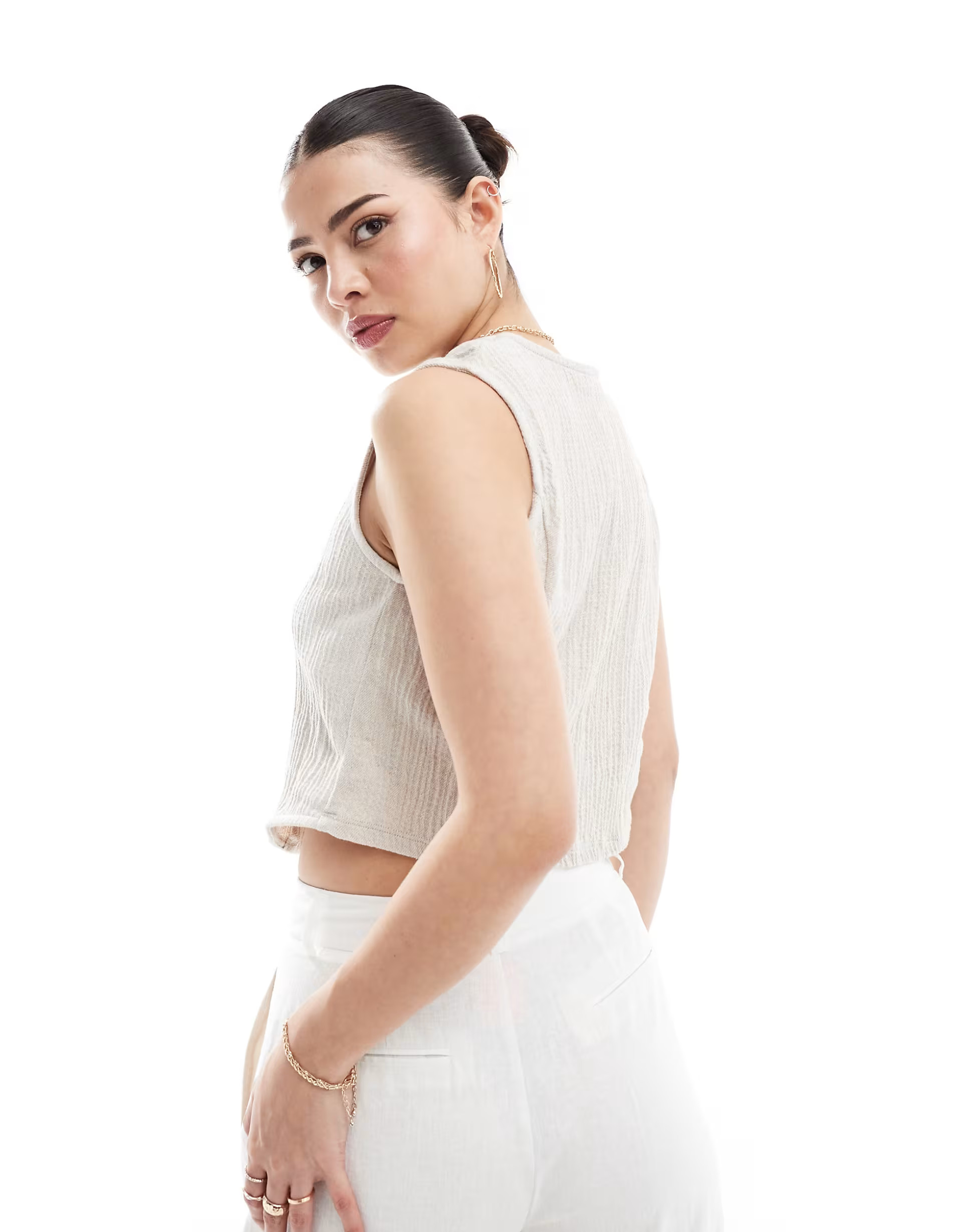 Stradivarius crinkle waistcoat in stone | ASOS (Global)