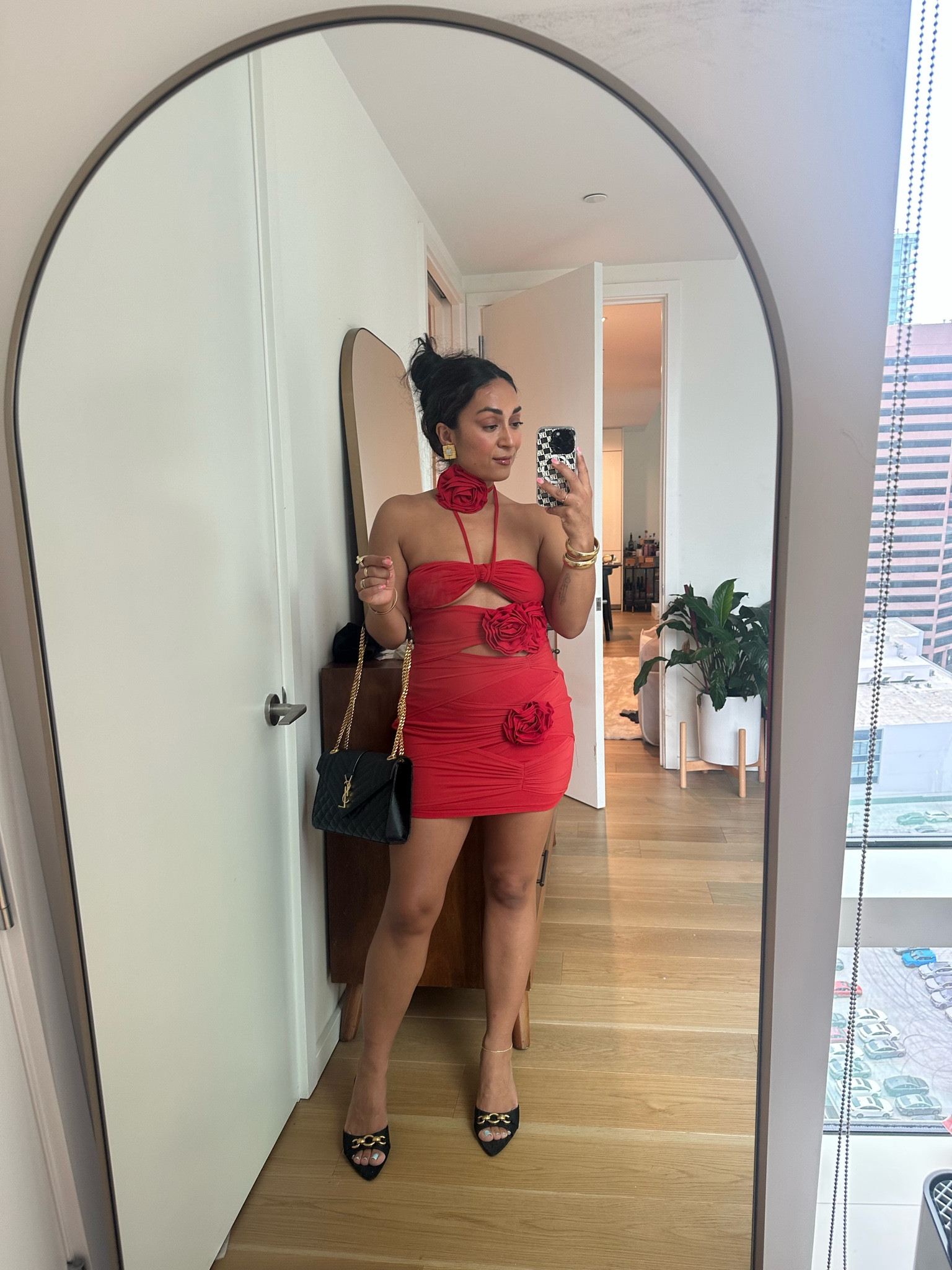 The cutest and comfiest little red dress from Pretty Little Thing!! Paired with YSL bag and shoes. And accessorized with vintage gold clip on earrings and LUVAJ bracelets. 