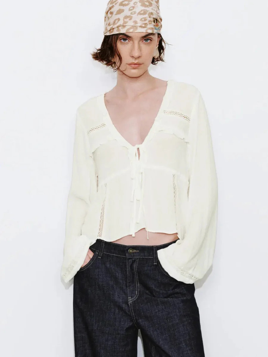 Viscose Ruffle Trim V-Neck Lace Up Overhead Shirt | Urban Revivo