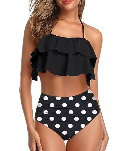 Tempt Me Women Black Polka Dot Two Piece Swimsuits High Waisted Bikini Teen Ruffle Tummy Control Bottoms Halter Bathing Suits L | Amazon (US)
