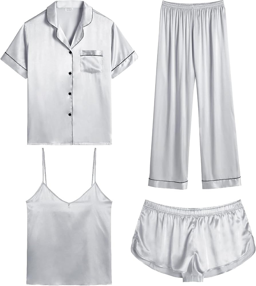 SWOMOG Womens Silk Satin Pajamas Sets 4pcs Sleepwear Sexy Cami Shorts Set and Button Down Short S... | Amazon (US)