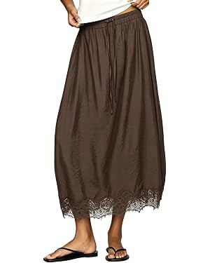 Women Midi Skirt Elegant Lace Trim High Waist Drawstring Skirts Casual Flowy Boho Loose Fit Long ... | Amazon (US)