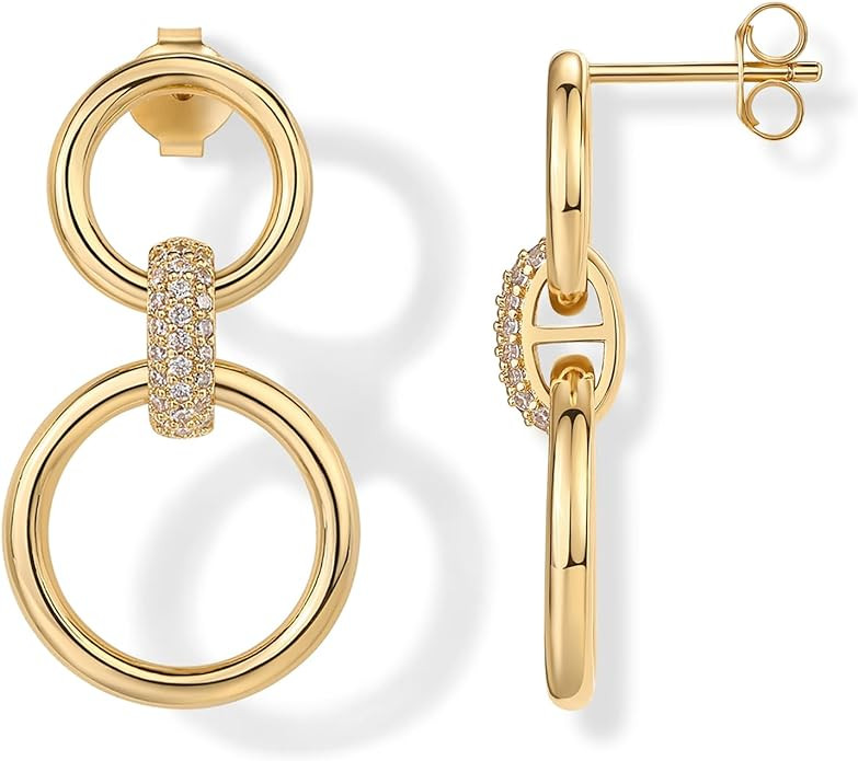 PAVOI 14K Gold Plated Chunky Triple Hoop Stud Earrings for Women | Cubic Zirconia Chunky Studs | ... | Amazon (US)