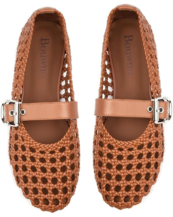 Mesh Mary Jane Flats for Women Hand Woven Flats Slip on Leather Round Toe Comfy Buckle Strap Dres... | Amazon (US)