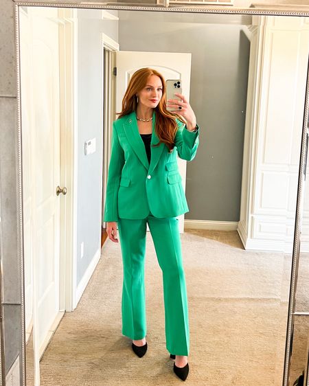 This is the best color of green!💚 my true size is a 6. I’m wearing an 8 in the jacket and 4 in the pants. 

Karl Lagerfeld - Macys - work wear - women in business - young professional - business attire - business clothes - green suit - professional style - professional outfit - sale alert - sale - under $100 

#LTKFindsUnder100 #LTKSeasonal #LTKWorkwear