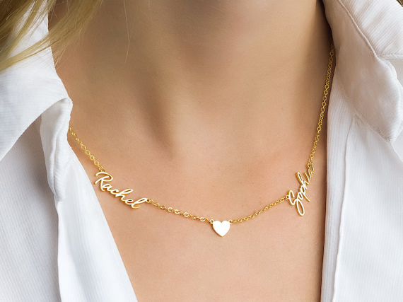 Two Name Necklace with Heart, Dainty Name Necklace, Gold Name Necklace, 2 names necklace, Persona... | Etsy (US)