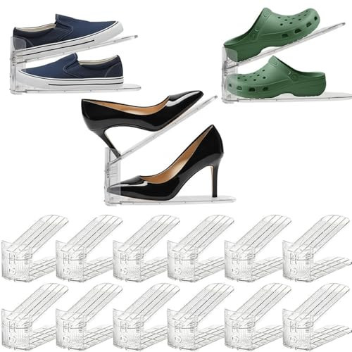 YASMAE 12 Pack Shoe Slots Organizer, Durable Stackable Shoe Holder for Closet Organization, Clear Double Layer Shoe Space Saver, Adjustable Shoe Stacker for Slippers, Loafers, Heels & Sneakers | Amazon (US)