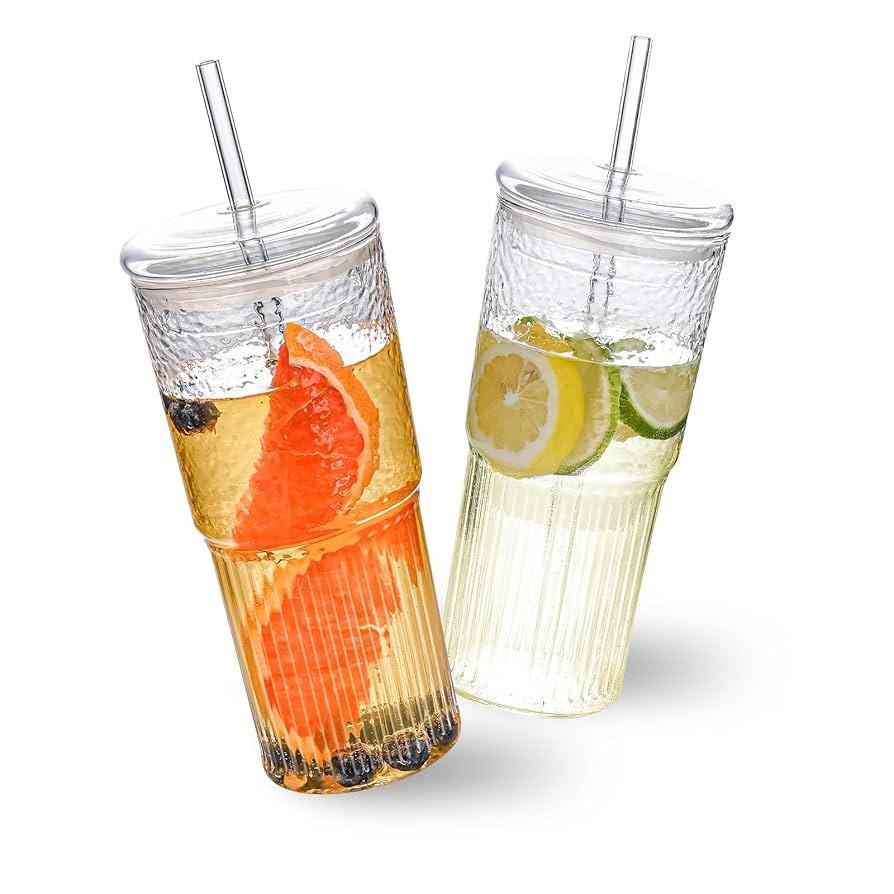 20oz Glass Cups With Glass Lids and Straws, High Borosilicate Iced Coffee Cups, Reusable Glass Tu... | Amazon (US)