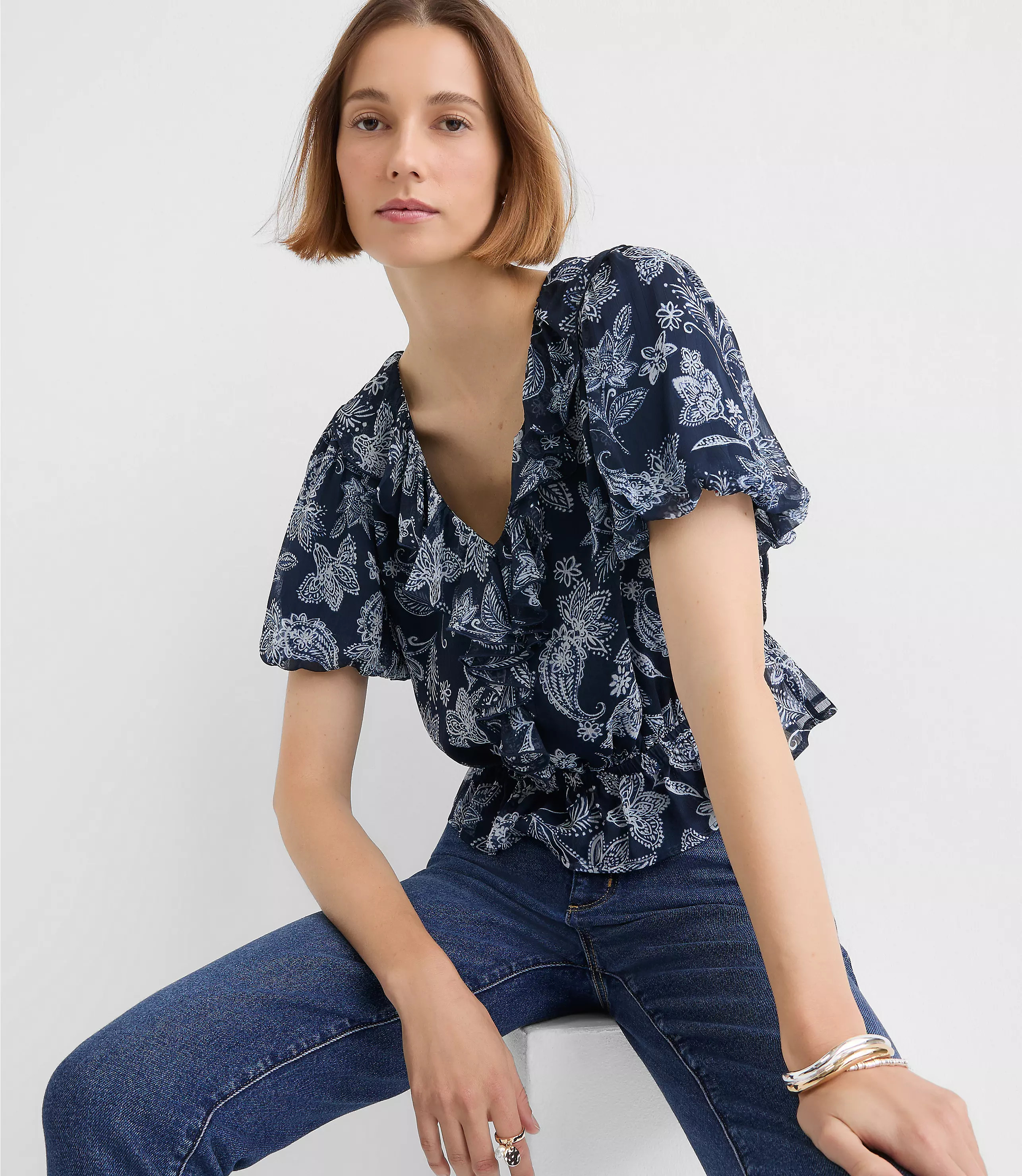Petite Paisley Ruffle V-Neck Blouse | LOFT