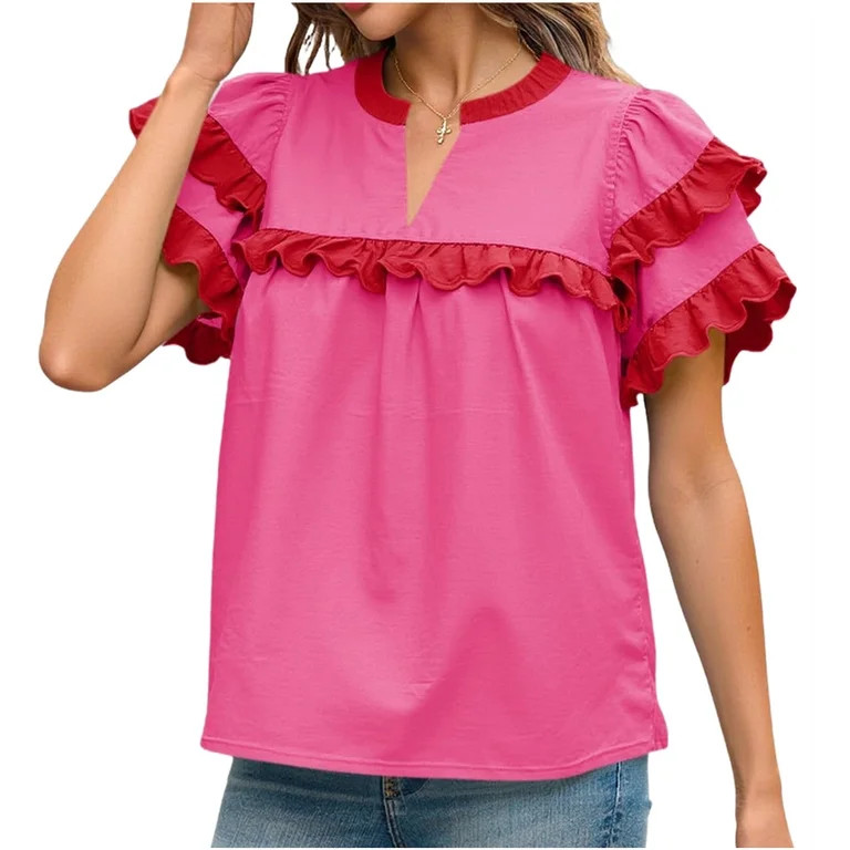 Color Block Summer Women Ruffle Sleeve V Neck Casual Babydoll Blouse | Walmart (US)