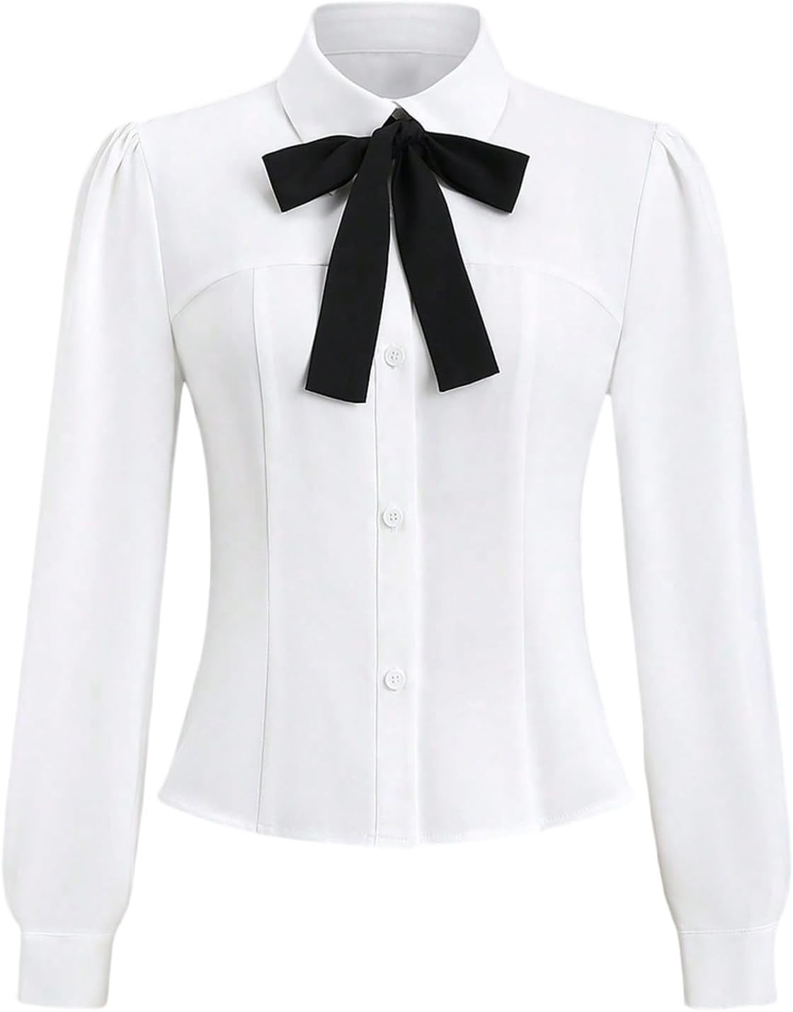 SweatyRocks Women's Puff Long Sleeve Button Down Fitted Crop Shirt Top Dressy Casual Bow Tie Elegant Blouse | Amazon (US)