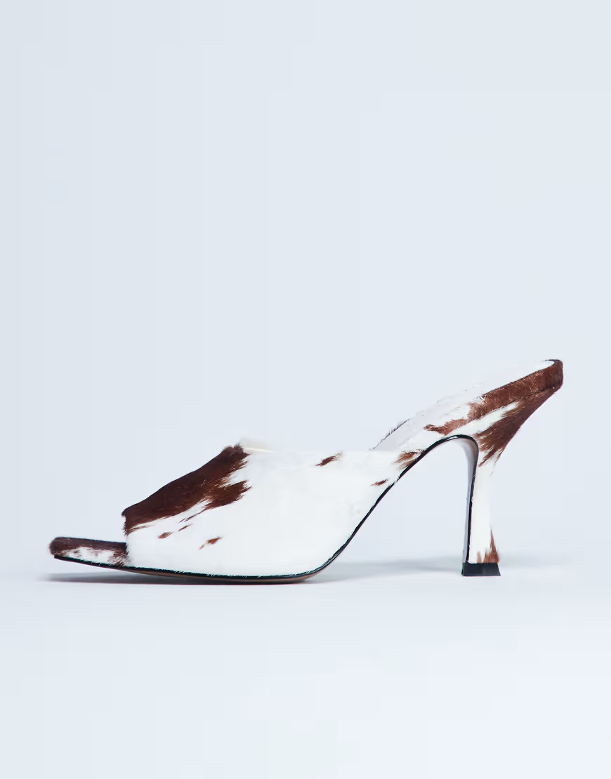 Topshop Fox real leather pony heeled mule in cow print-Brown | ASOS (Global)