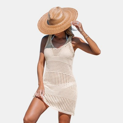 Women's Knit Sleeveless Cutout Mini Cover-Up Dress - Cupshe-L-Beige | Target