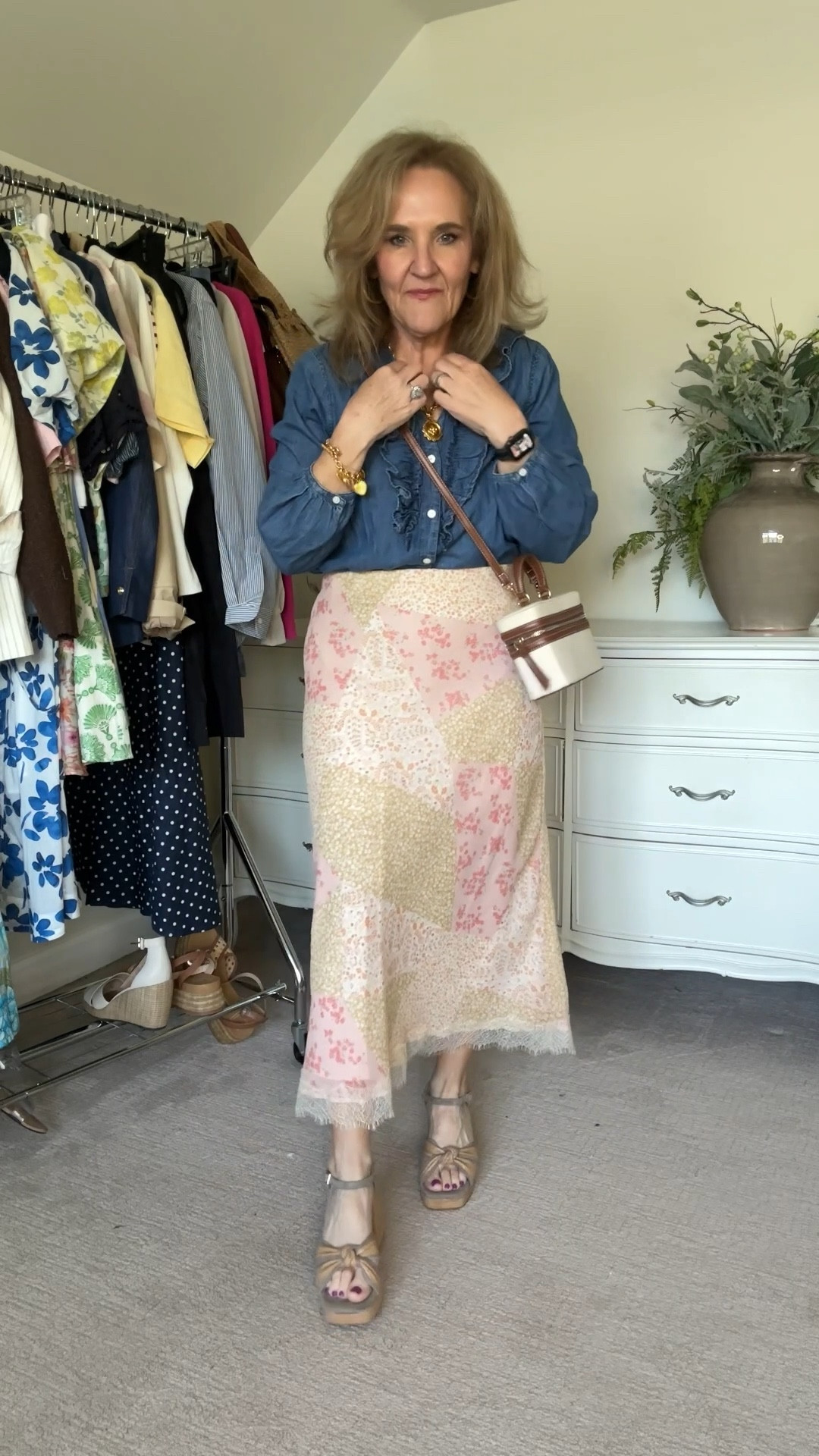 Skirt size small
Chambray blouse size medium petite 
Shoes true to size and comfy! 
Love this little bag! 

#LTKOver40 #LTKFindsUnder100 #LTKWatchNow
