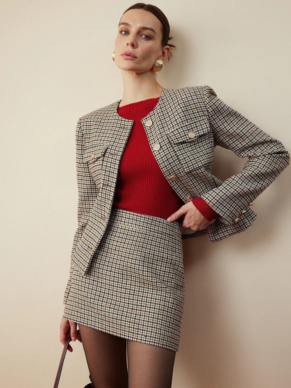Houndstooth Button Short Jacket | Commense