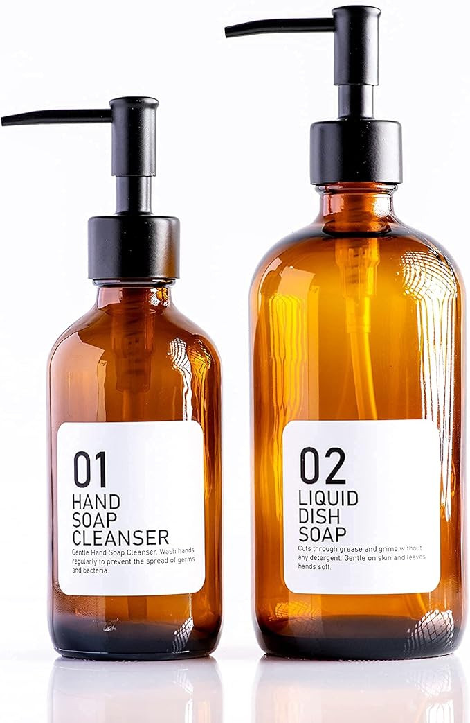 Amazon.com: Hand Soap and Dish Soap Set - 8oz and 16oz Amber Glass Bottles - Matte Black Steel Pu... | Amazon (US)
