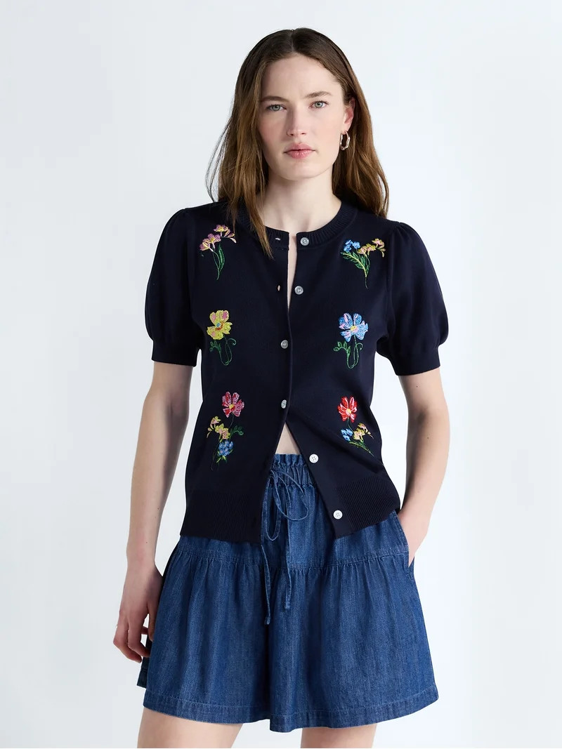 Free Assembly Women's and Women's Plus Embroidered Cardigan Sweater with Puff Sleeves, Lightweigh... | Walmart (US)