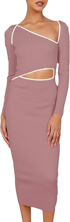 Beaufident Women's Bodycon Dresses Long Sleeve Square Neck Midi Dress Ribbed Knit Cut Out Sweater... | Amazon (US)