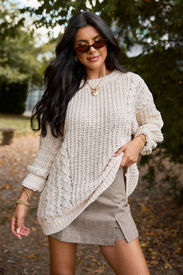 Ashten Beige Chenille Cable Knit Oversized Sweater | Pink Lily