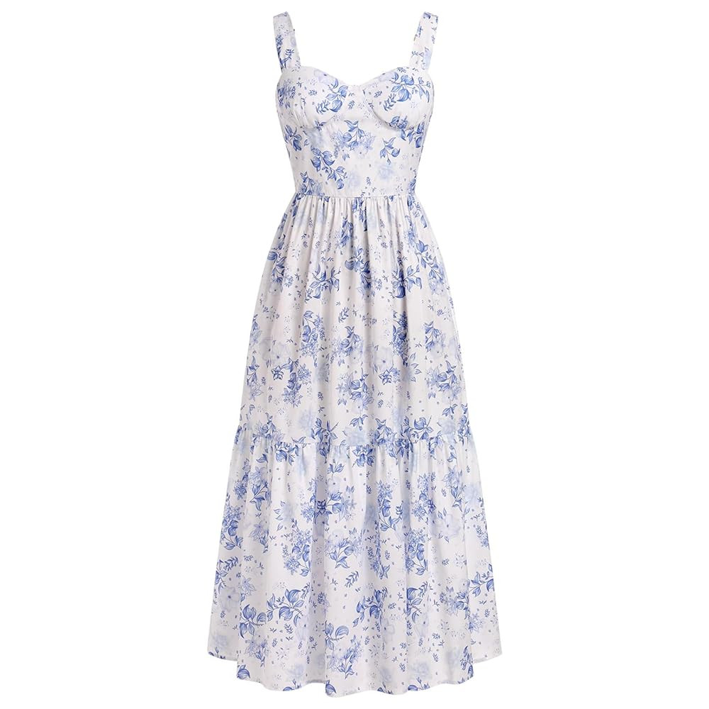 Women's Floral Corset Dress, Spaghetti Strap Bustier Midi Dress Low Cut Flowy Pleated Hem A-Line ... | Amazon (CA)