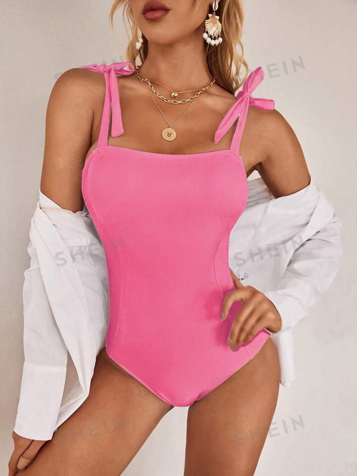 SHEIN Swim Basics Tie Shoulder One Piece Swimsuit | SHEIN