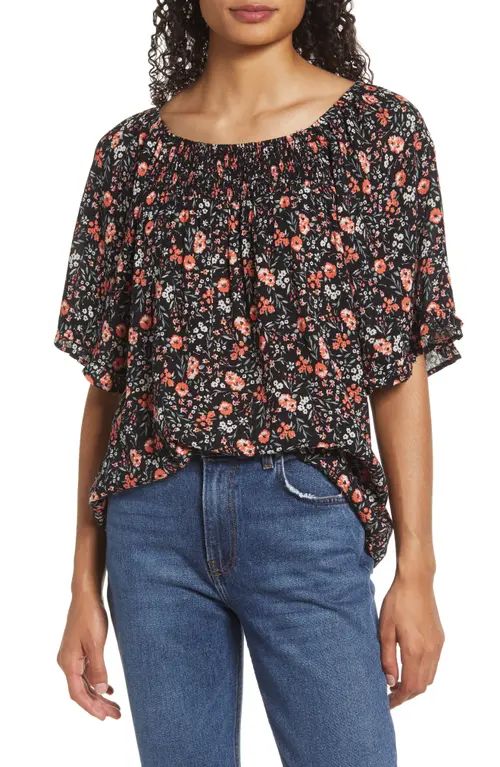 Bobeau Floral Smocked Blouse in Black Floral at Nordstrom, Size X-Small | Nordstrom
