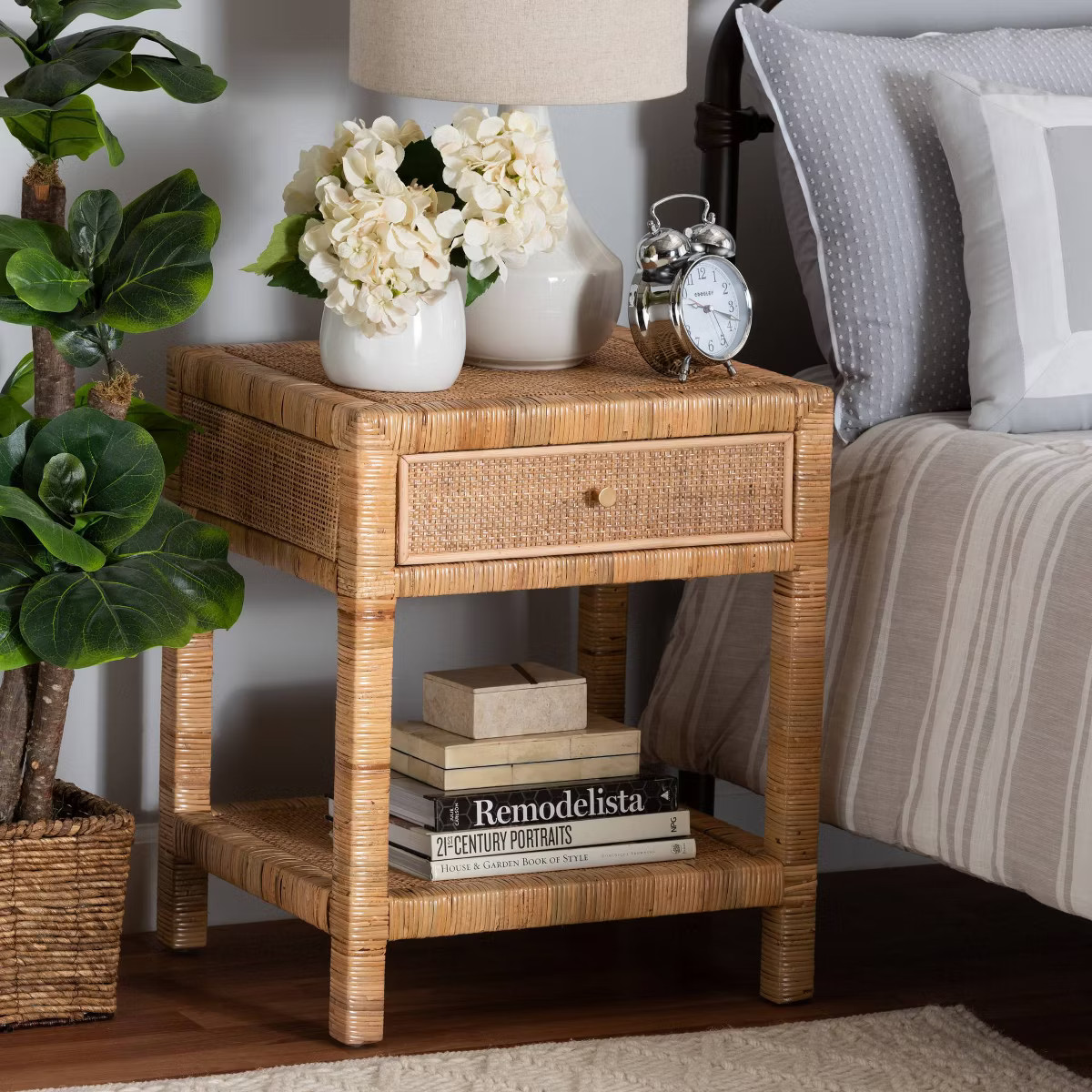 Adelia Natural Rattan and Mahogany Wood 1 Drawer Nightstand Natural Brown - Baxton Studio | Target