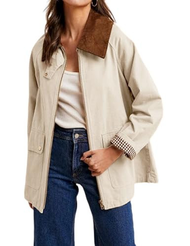 SCUSTY Women's Barn Jackets Fall Color Block Corduroy Collar Utility Coat Outerwear with Pockets(Beige-S) | Amazon (US)