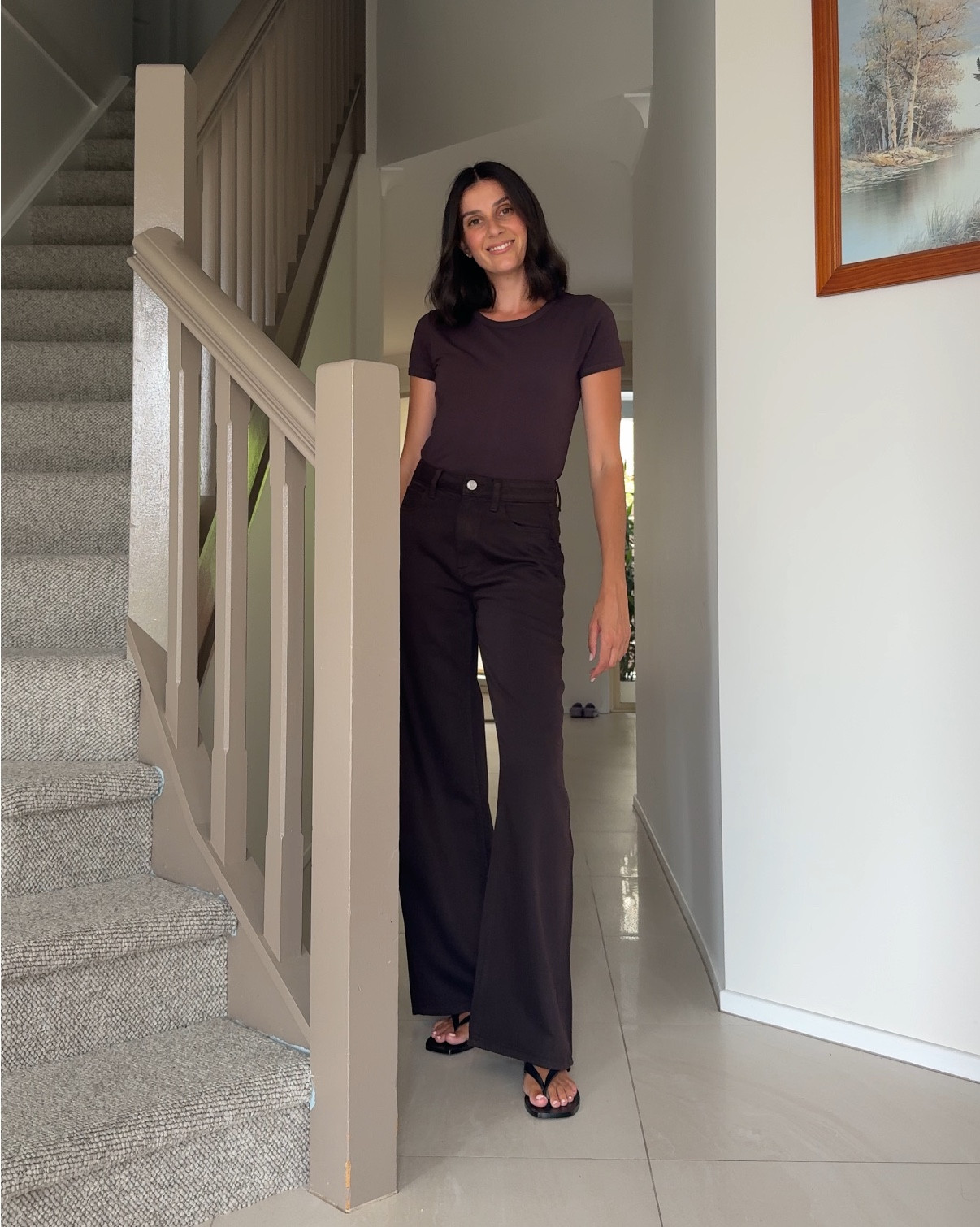 New Jag in chocolate brown. Wearing the baby tee in size 8 and jeans in size 28. Jeans run small so size up! I am 170cm tall for reference x 