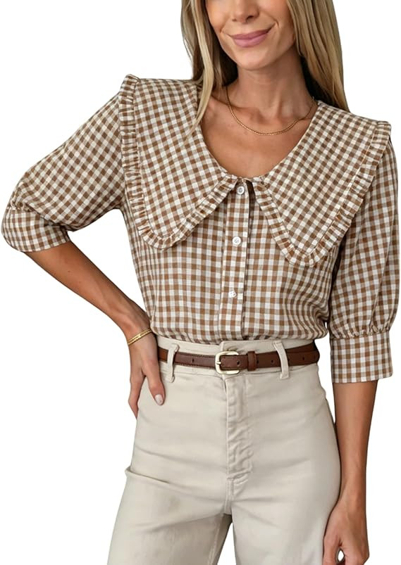 Daacee Women's Plaid Blouse Oversized Ruffle Collar V Neck Puff Sleeve Button Down Plaid Shirts T... | Amazon (US)